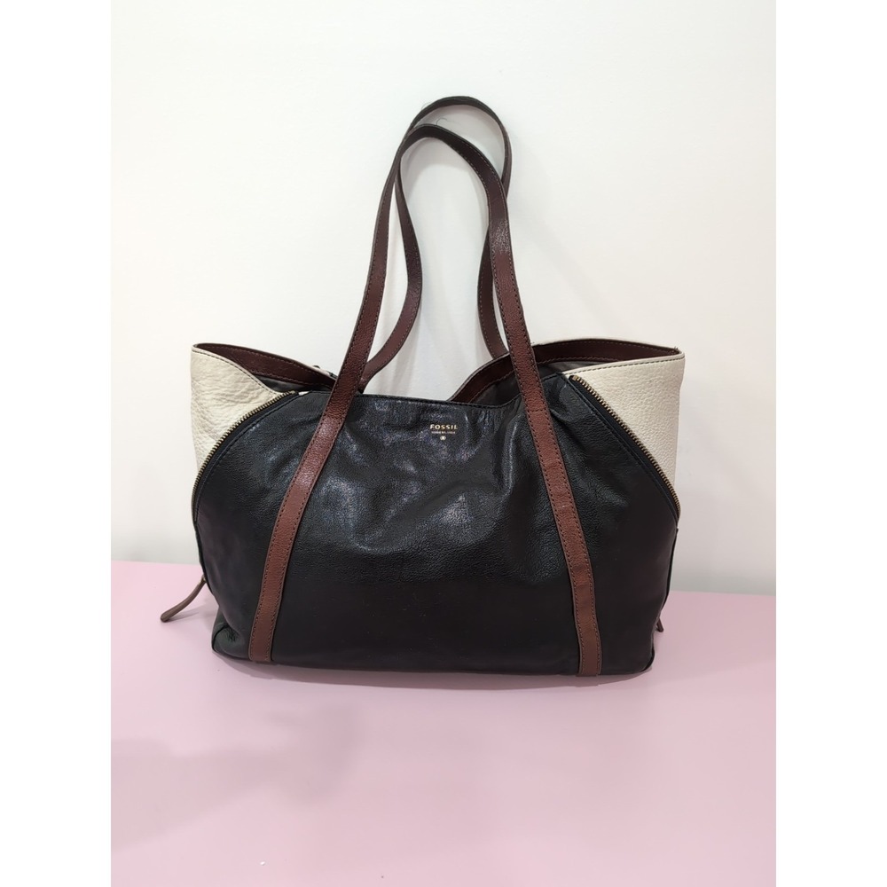 Fossil Black/Brown/Ivory Leather Expandable Shoulder/Tote Bag - Gorgeous!‎